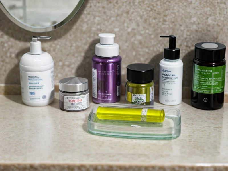 A bottle of Kerassentials oil on a bathroom counter next to nail care tools.