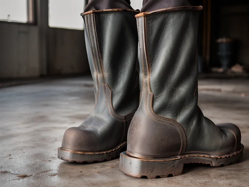 Worn leather warehouse boots sitting on a concrete floor.