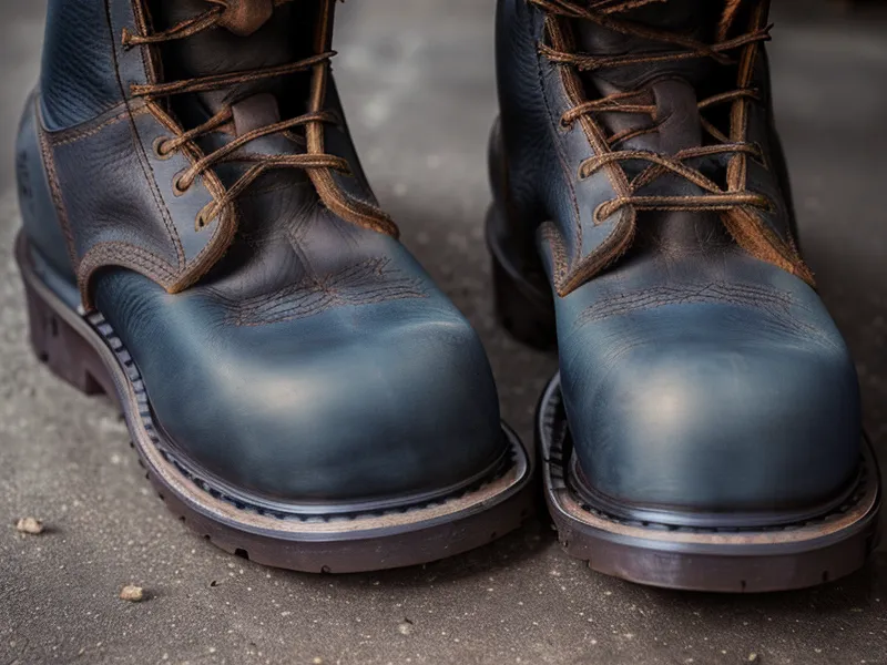 Worn-out steel-toe boots and work socks on a concrete warehouse floor.