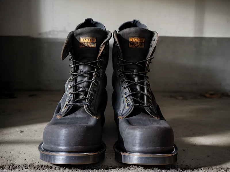 Heavy steel-toe work boots and socks on a concrete floor.