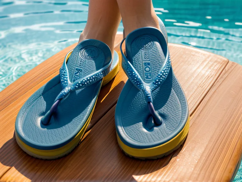 Feet in flip-flops on a sunny wooden deck next to a pool.