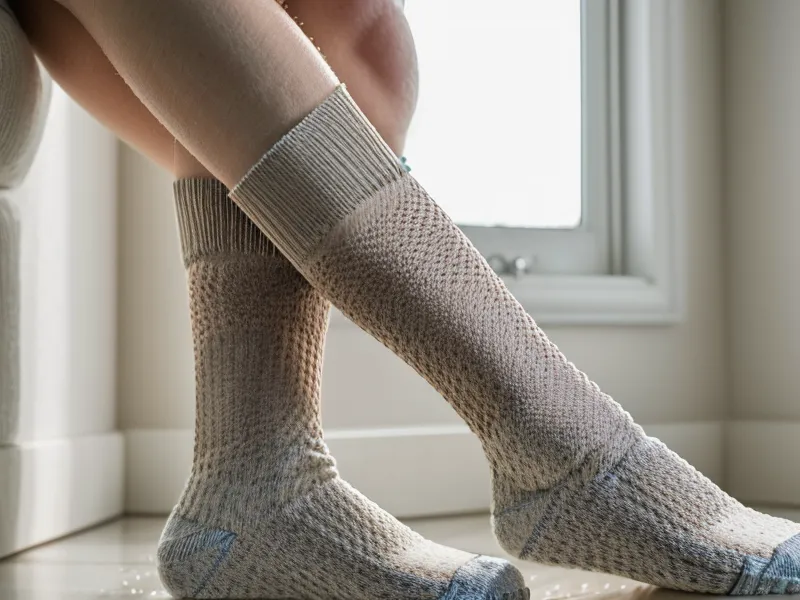 A wool work sock and supplement bottle on a white surface