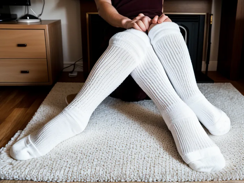 Feet in socks resting in a living room with a notebook nearby