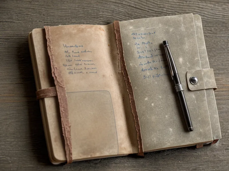 Open notebook showing handwritten progress logs and small photos