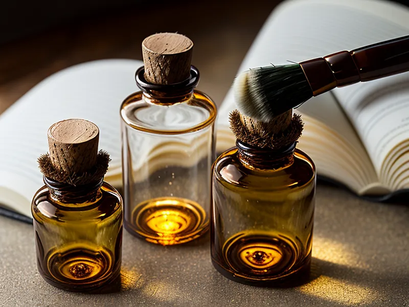 Close-up of topical nail oil applicator brush beside handwritten tracking notebook