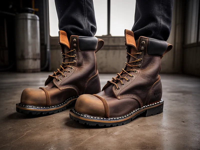 Steel-toe work boots in a warehouse with a bottle of Keravita Pro.