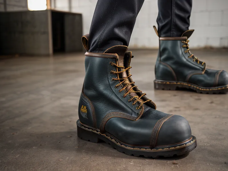 Heavy steel-toe boots on a warehouse floor.