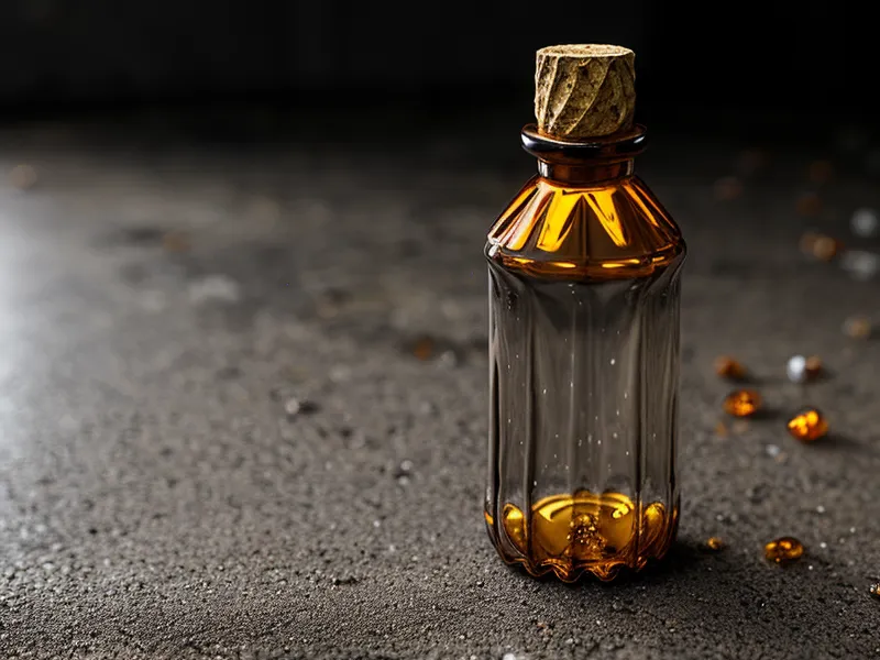 An antifungal oil bottle next to heavy-duty warehouse work boots.