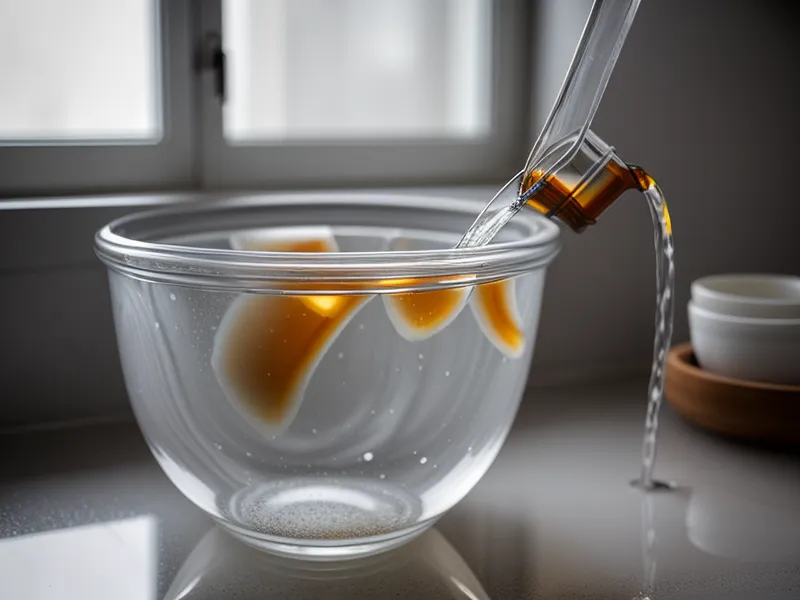 Pouring white vinegar into a warm foot soak basin to soften thick toenails.