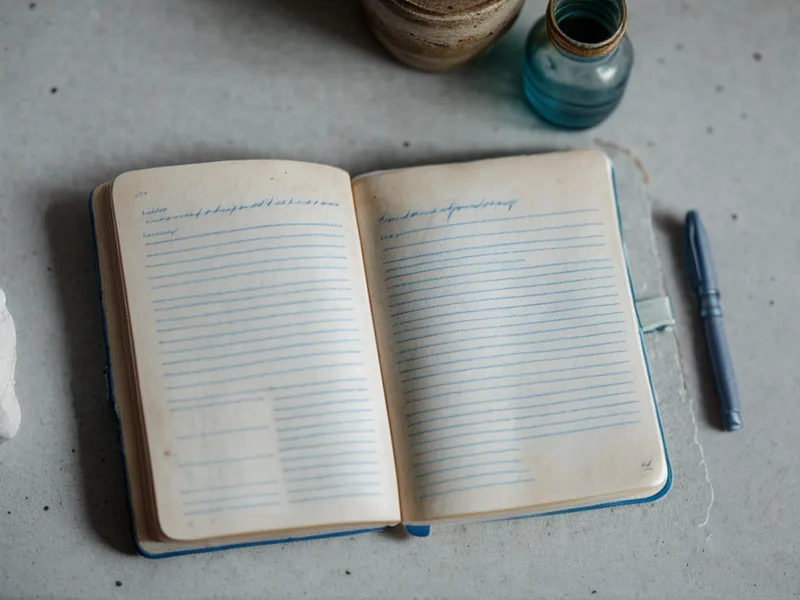 Close-up of a handwritten tracking notebook and a bottle of Kerassentials oil