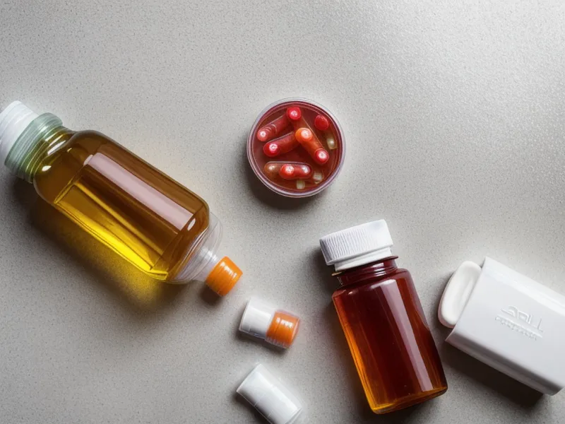 Oral supplement capsules and topical nail oil bottle on a white tiled surface.