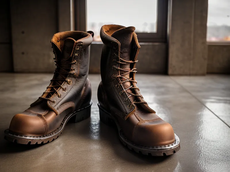 Worn leather steel-toe boots next to a small bottle of nail oil