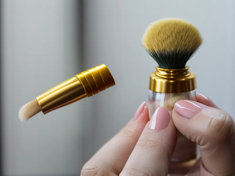 A hand holding a nail oil applicator brush over a notebook