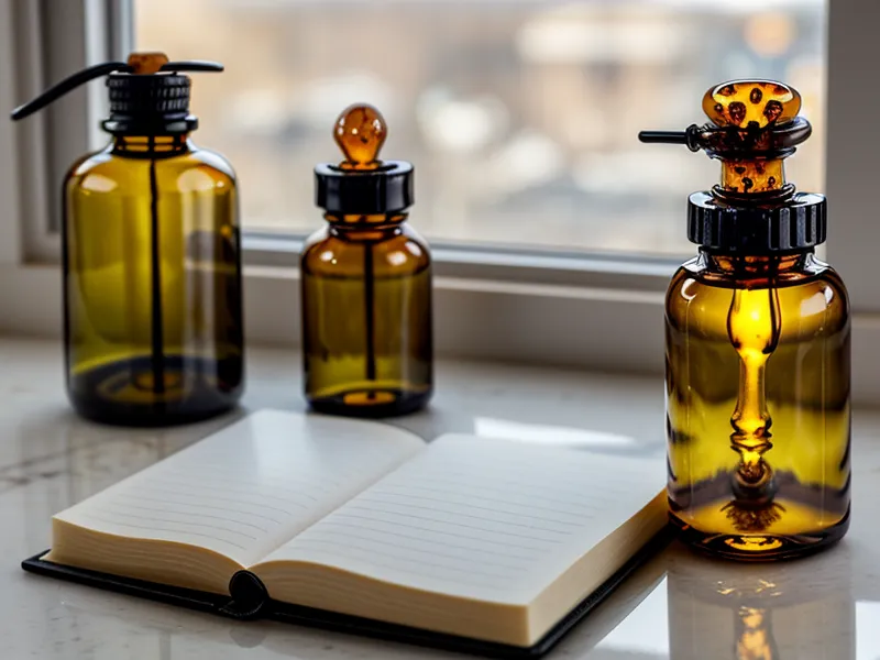 Close-up of Kerassentials oil bottle being used next to a tracking notebook.