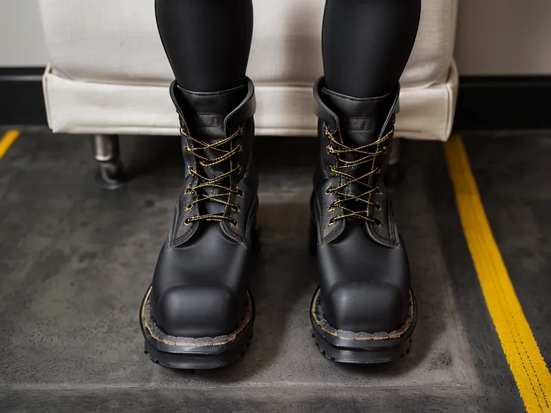 Industrial work boots next to a ruler measuring millimeters on a bathroom floor.